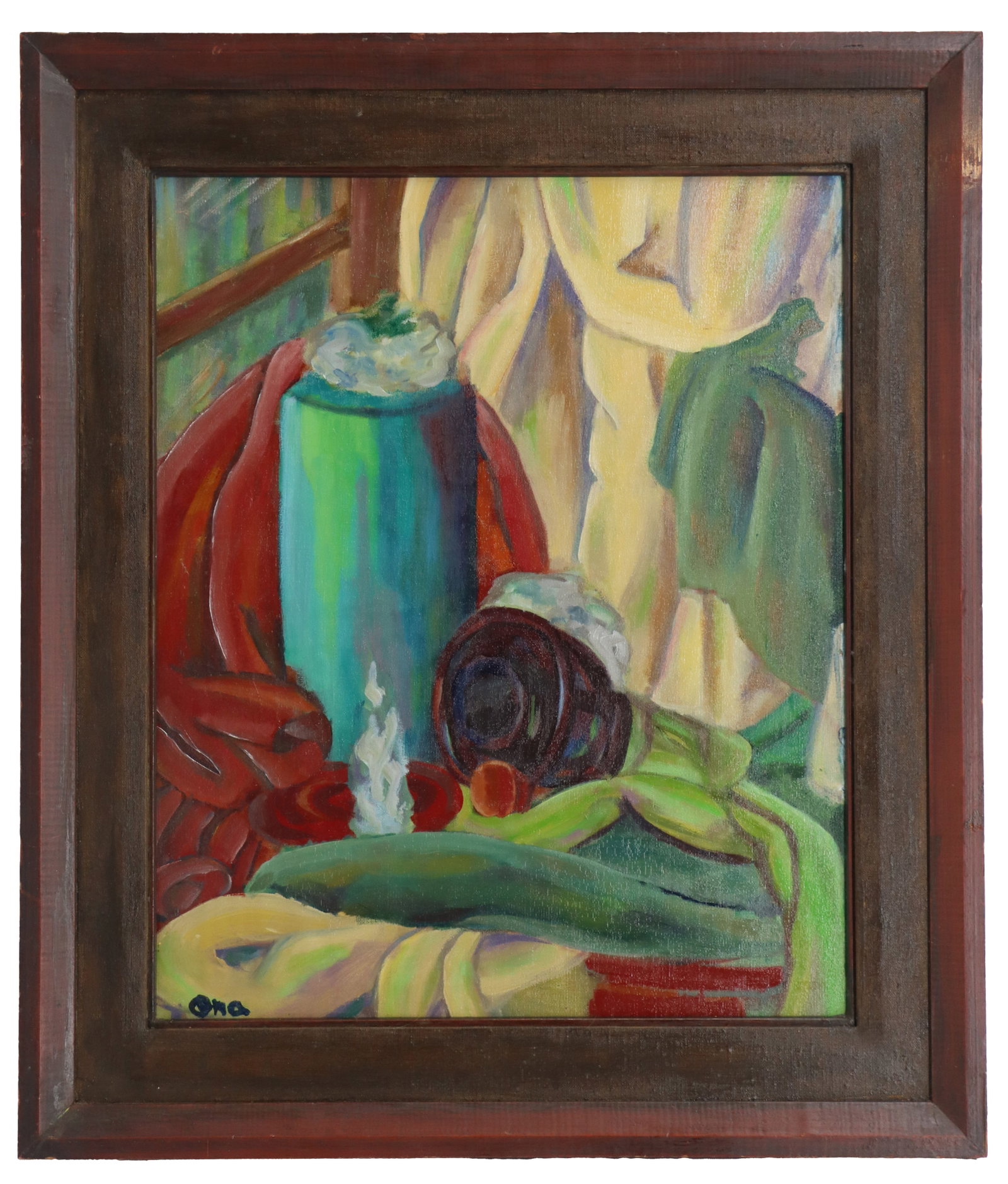Ora Gipe, 20th Century American, Oil on Masonite, Modernist Still Life: Ora Gipe, 20th Century American, Oil on Masonite, Modernist Still Life. Signed Ora lower left. Overall Size: 30 x 25 1/2 in. Sight Size: 22 1/4 and 18 in. 