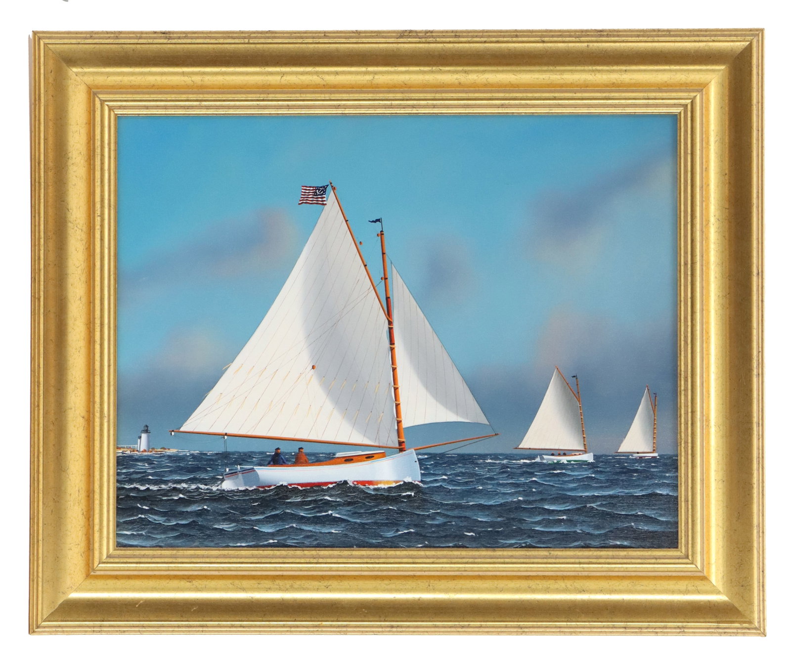 Vernon George Broe (1930-2011) American, Oil on Canvas: Vernon George Broe (1930-2011) American, Oil on Canvas. Titled "Catboats off the Coast". Signed in lower right. Oil on canvas seascape depicting a small fleet of catboats on the water. Overall Size: 1