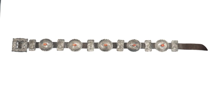 Native American Sterling Silver and Coral Concho Belt