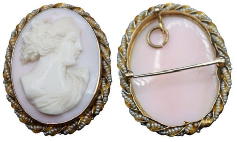 Tested 10k Gold and Seed Pearl Oval Brooch with Cameo - Gross 9.7 g.