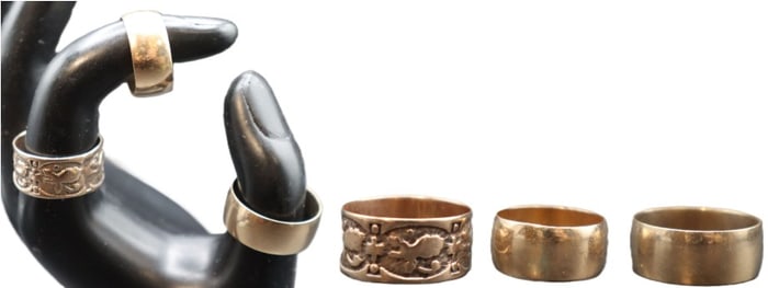 (3) Stamped 14k Gold Vintage Wide Wedding Bands - Gross 10.6 g.