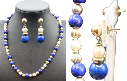 Hardstone and Pearl Necklace and Earrings - Gross 34.6 g