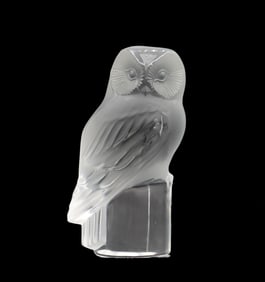 French Lalique Frosted and Clear Crystal "Chouette Hibou" Owl Figurine