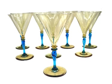 (8) Steuben Amber & Celeste Blue Martini Glasses