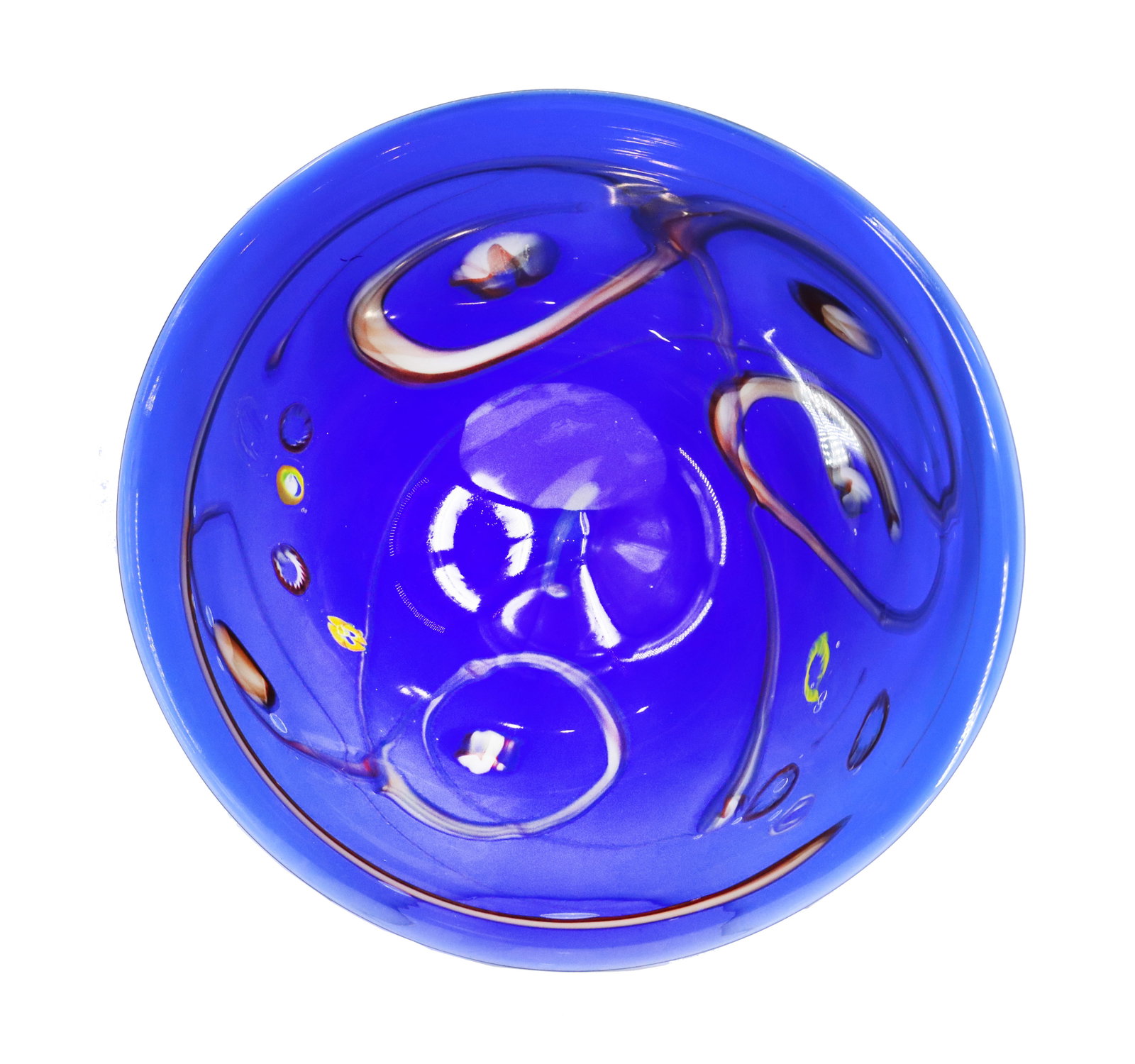 Italian Murano Style Cobalt Blue Art Glass Sculptural Charger: Italian Murano Style Cobalt Blue Art Glass Sculptural Charger. Millefiori dollops and swirls of gold-hued glass mixed throughout, with an irregular edge and a very small foot. Condition: Tiny im