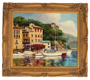 Signed, Portofino Seaside Landscape Oil on Canvas