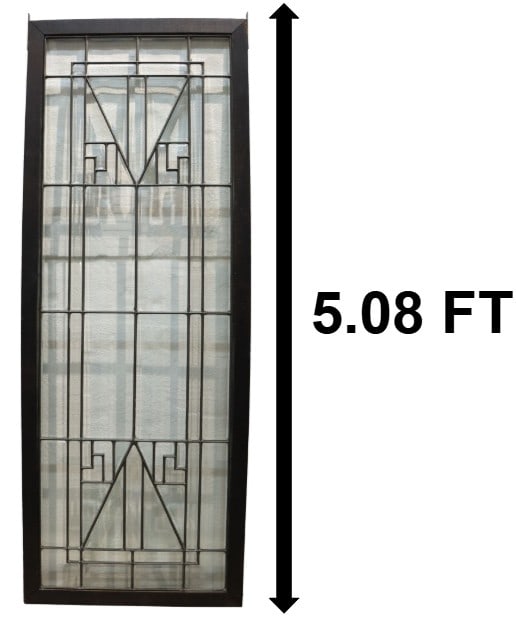 Art Deco Clear Stained Glass Window Panel: Art Deco Clear Stained Glass Window Panel. Hanging stained glass panel with clear glass and dark wood frame, with Art Deco geometric patterns. Two hooks on top for hanging installation. Size:&nbs
