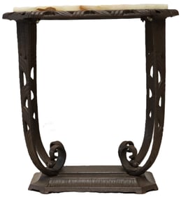 Elaborate Art Deco Black Iron Side Table with Alabaster or Onyx Insert