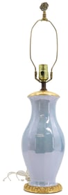 Mid-Century Blue Lusterware Lamp With Gold Tone Highlights
