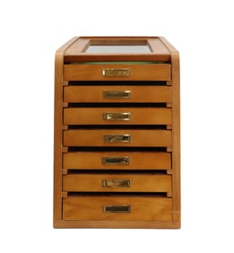 Trapezoidal Seven-Tiered Pinewood and Brass Jewelry Display Case