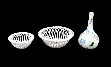 Hungarian Herend Porcelain Bulb Vase and (2) Eton Open Weave Baskets
