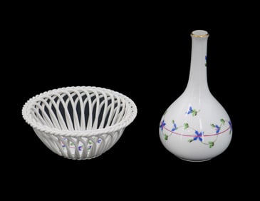 Hungarian Herend Porcelain Blue Garland Pattern Bulb Vase and Woven Basket