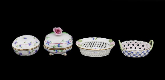 Hungarian Herend Porcelain Hand Painted (2) Lidded Bowls and (2) Baskets
