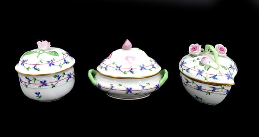 (3) Hungarian Herend Porcelain Hand Painted Blue Garland Pattern Lidded Bowls