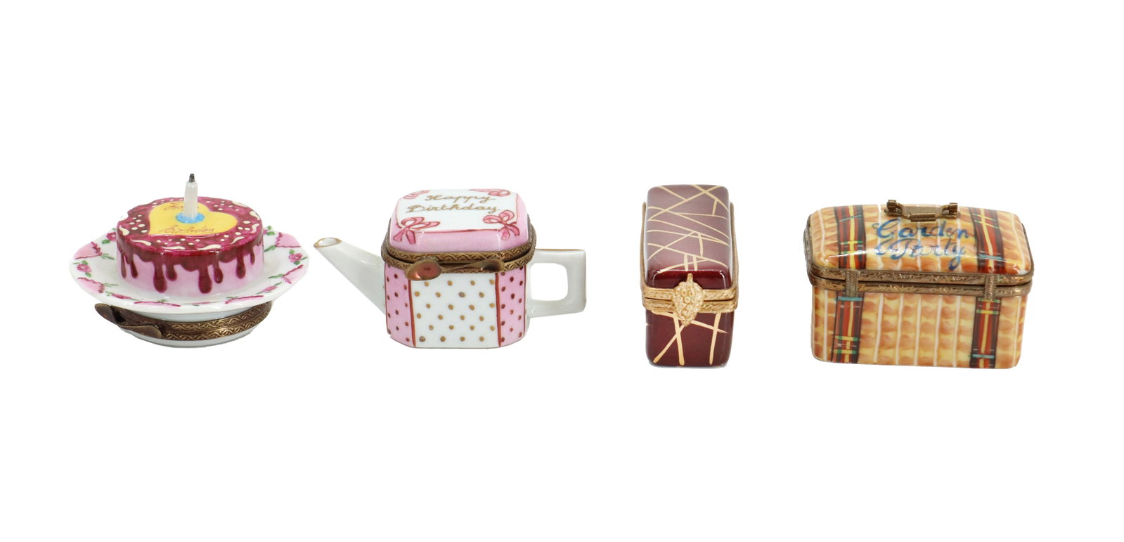 (4) French Limoges Miscellaneous and Limited Edition Sculptural Miniature Boxes: (4) French Limoges Miscellaneous and Limited Edition Sculptural Miniature Boxes. All marked on underside or within. Two pieces read "Happy Birthday" on the tops. The other two are limit