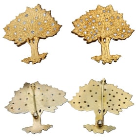 Pair of Gold Vermeil Silver Tree Form Brooches with Diamonds