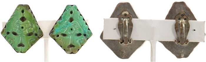 Pair of Sterling Silver and Jade Clip On Earrings - Gross 0.765 ozt.