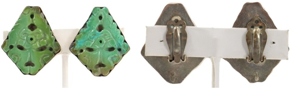 Pair of Sterling Silver and Jade Clip On Earrings - Gross 0.765 ozt.: Pair of Sterling Silver and Jade Clip On Earrings. Marked on back. Carved green jade held in place by a polished sterling silver setting. Size: 1 1/4 x 1 1/2 in. Gross Weight: 0.765 o
