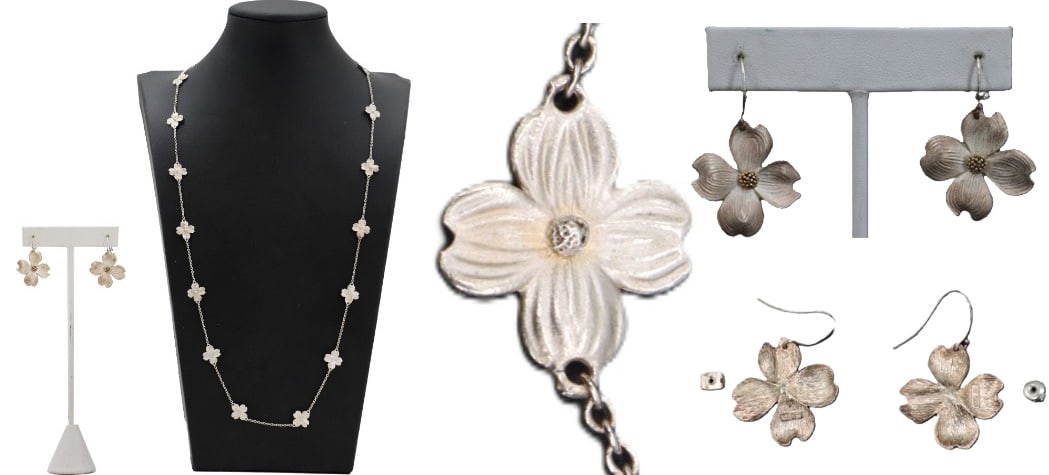 Pair of Sterling Silver Earrings and Coordinating Necklace - Gross 0.780 ozt.: Pair of Sterling Silver Earrings and Coordinating Necklace. Marked on back and clasp. Silver floral design single strand necklace. Silver flower earrings with hook style earring backs. Nec