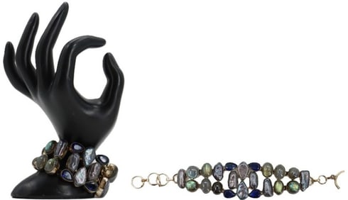 Multi Stone, Pearl, Blue Glass, Silver Bracelet - Gross 1.770 ozt.