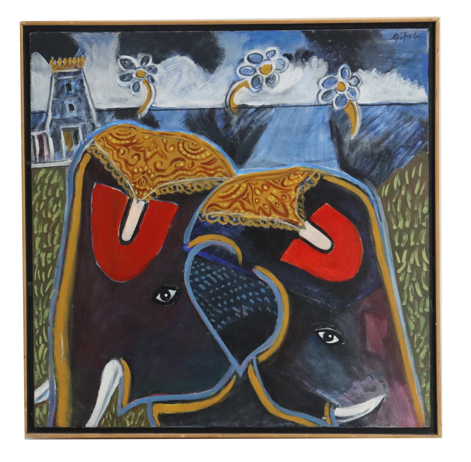 Dr. V.S Gepalakrishnan, 20th/21st Century, Acrylic on Canvas Painting, "Temple Elephants": Dr. V.S Gepalakrishnan, 20th/21st Century, Acrylic on Canvas Painting, "Temple Elephants". Overall Size: 25 1/4 x 25 1/4 in. Sight Size: 24 x 24 in. Dr V.