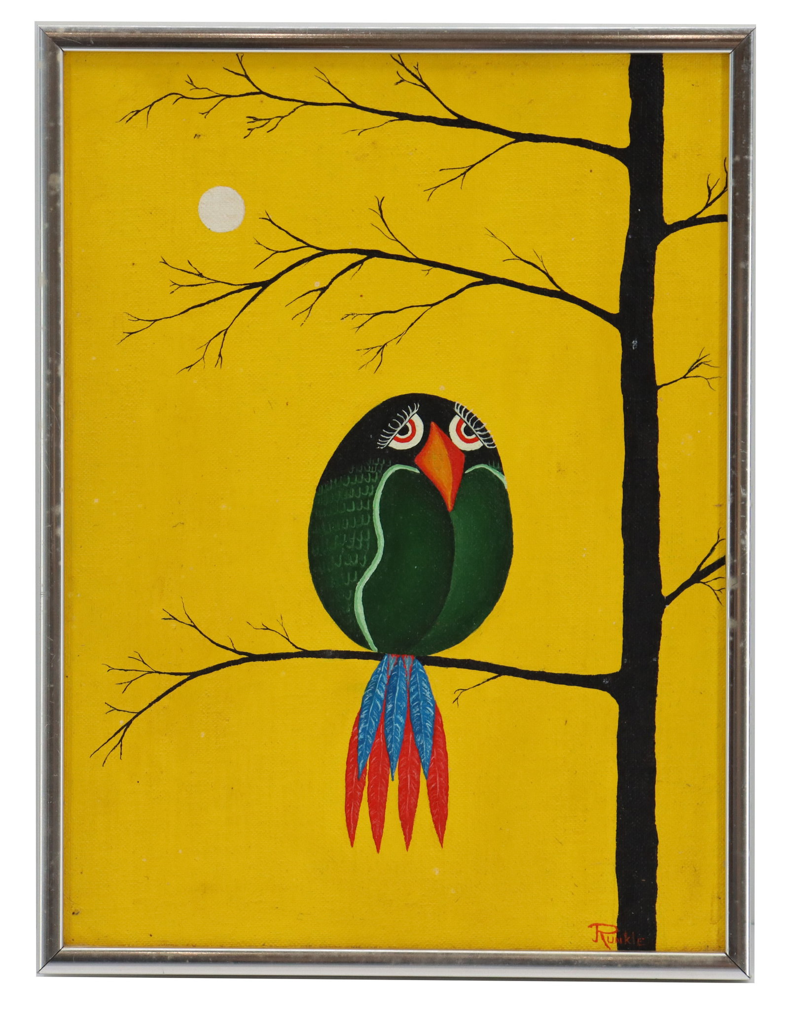 Signed Forlorn Bird Oil on Canvas Board: Signed Forlorn Bird Oil on Canvas Board. Signed "Runkle" bottom right. Done in a fascinating blend of naturalism and African tingatinga styles, this depicts a quirky little Avian w