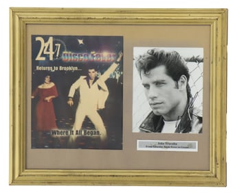 Framed Disco Fever Poster and Black and White Signed John Travolta Headshot