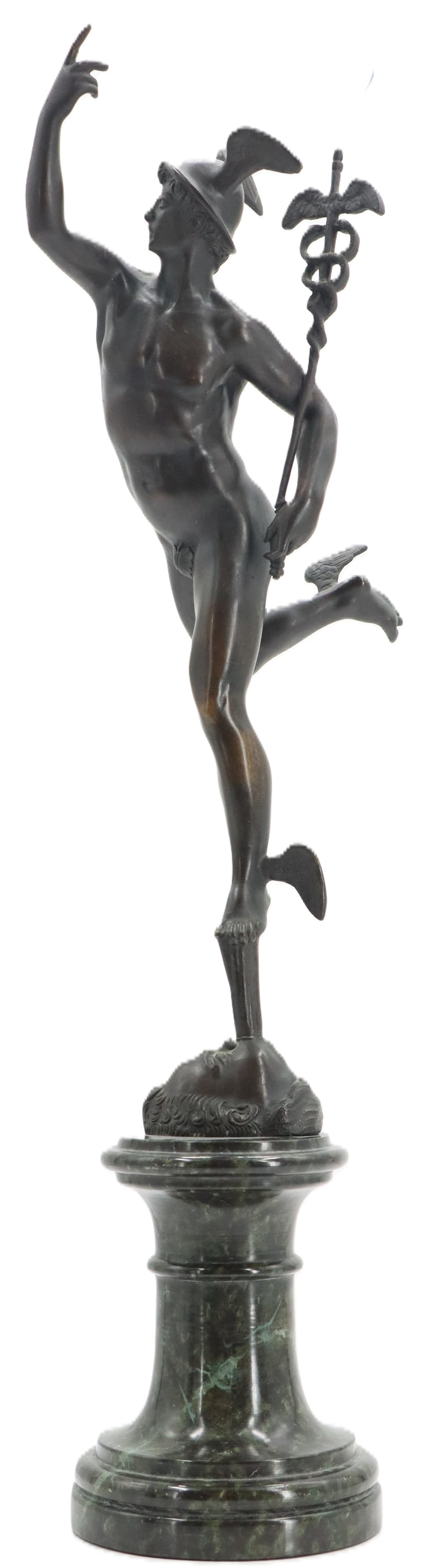 After Claude Michel Clodion (1738-1814) French, Bronze Statue of Mercury: After Claude Michel Clodion (1738-1814) French, Bronze Statue of Mercury. Bronze statue of the Roman god Mercury, with winged sandals and helmet and the Staff of Asclepius. Classical figural bronze st