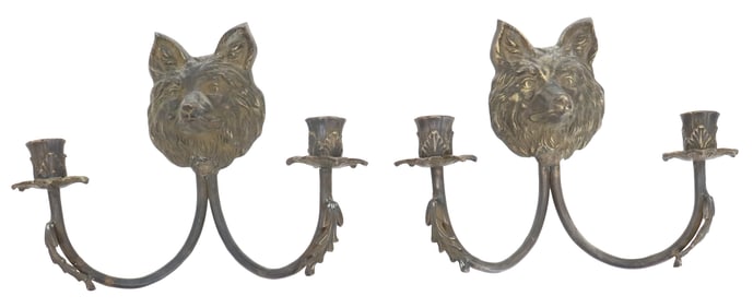 (2) Bronze Double-Armed Fox Head Wall Sconces