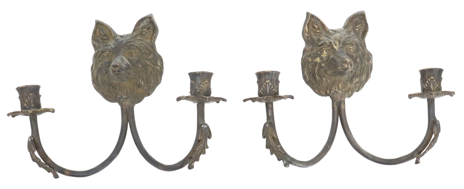 (2) Bronze Double-Armed Fox Head Wall Sconces (1 of 13)