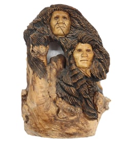 Raw Burled Wood Carving of Two Native American Faces
