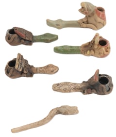 (6) Mesoamerican Zapotec Snake Form Clay Pipes