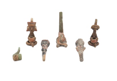 (6) Meoamerican Zapotec Anthropmorphic Clay Pipes