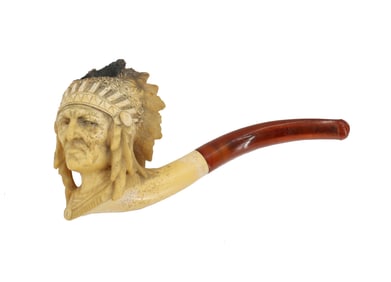 Carved Native American Chieftain's Head Meerschaum and Amber Pipe