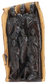Signed Nzoka African Ebonized Wood Seven Warrior Carved Sculpture