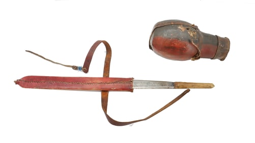 East African Kenyan Maasai Leather Covered Gourd and Machete in Leather Sheath