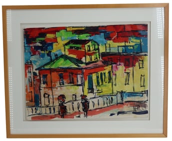 Signed Modernist Expressionist Cityscape Watercolor on Paper