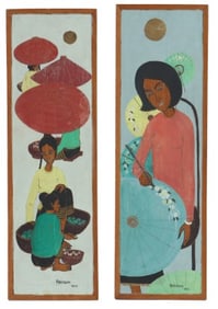 Wancharoen Japakang (1939-2006) Thai, Two Oil on Panel Folk Art Figural Paintings