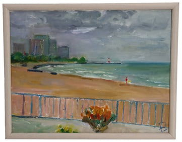 Signed Beachside Seascape Acrylic on Canvas