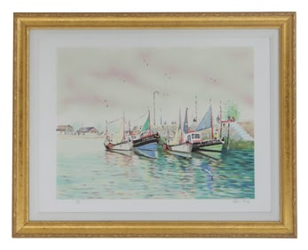 Alain Bouju (Born 1948) French, Signed and Numbered Harbor Scene Lithograph