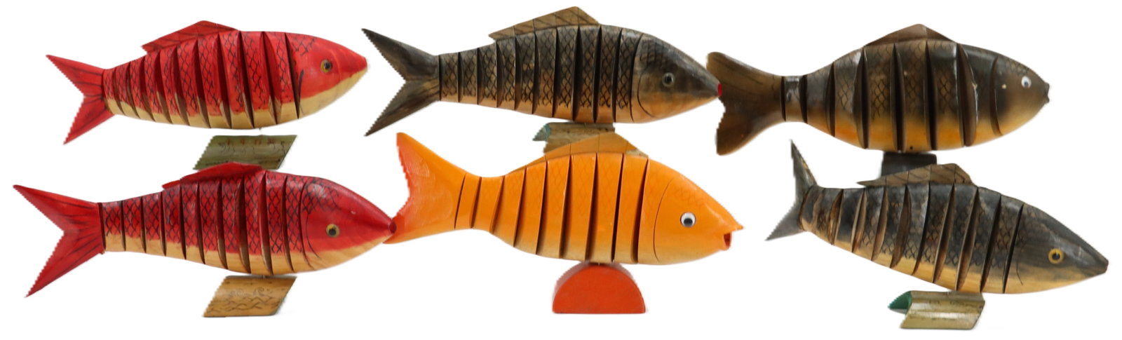 (6) Carved Wood Articulated Fish: (6) Carved Wood Articulated Fish. Lot comprised of six colorful painted wooden fish with articulated segments. Mounted to bowed metal bases. Largest Size: 12 x 2 1/4 x 6 1/4 in. Articulated woode