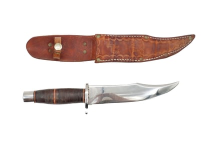 Pre-1950s Custom Made Frontier Style Bowie Knife in Tooled Leather Sheath