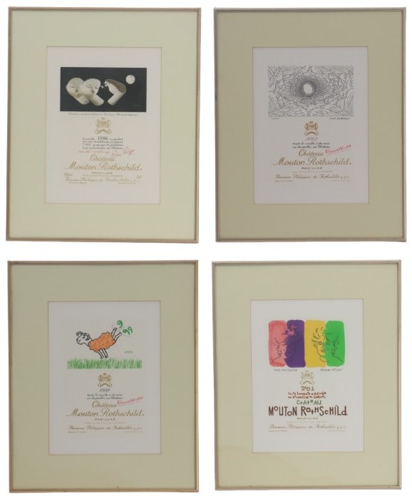 (4) Chateau Mouton Rothschild Advertising Labels: (4) Chateau Mouton Rothschild Advertising Labels. Year s1999, 2002, 1986, and 2001. Years 1999 and 2002 signed by Philippe de Rothschild. Individually framed. Overall Size: 18 3/4 x 15 1/2 in.&nb