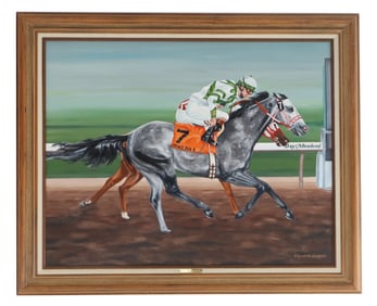 Elizabeth Hutnick, 20th American American, 1989 Horseracing Painting