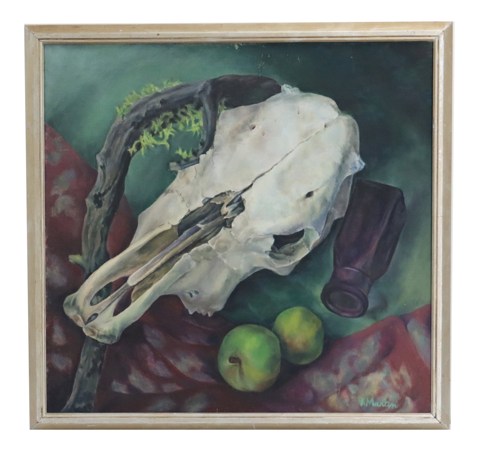 Vibella Martin (1897-1987) Oil on Canvas, Still Life with Skull, Apples, and a Bottle: Vibella Martin (1897-1987) Oil on Canvas, Still Life with Skull, Apples, and a Bottle. Exhibited 1945 at the San Francisco Society of Women Artist's Annual Exhibition. Overall Size:&n