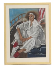 Pastel on Paper, Portrait of a Yachtswoman Seated on the Deck of a Sailboat