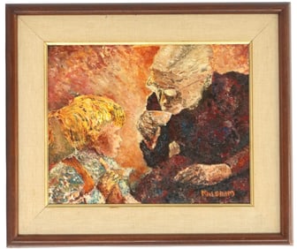 Mid 20th Century American, Oil on Canvasboard Painting of Young Boy and Elderly Man