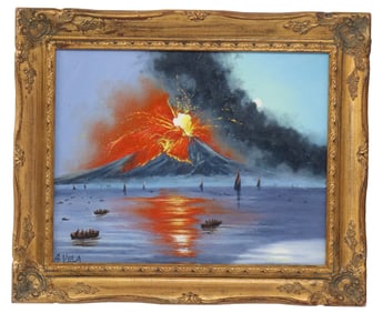 A. Vela, 20th/21st Century Italian, Oil on Canvas Painting of Mt. Vesuvius Erupting