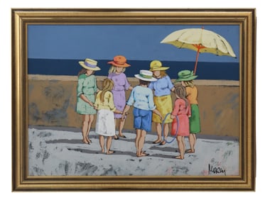 1985 Italian School Painting of Children by the Beach