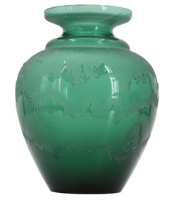 American Pilgrim Glass Signed Kelsey, Green Leaves Vase